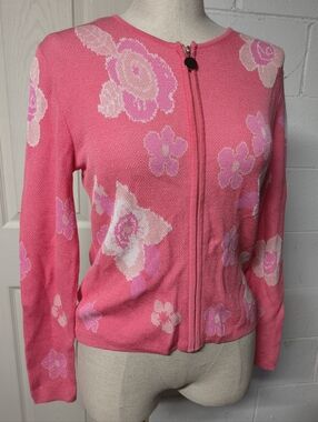 Pink Floral Zip-Front Women's Sweater Cardigan